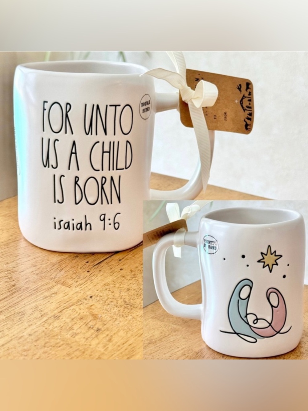 Rae Dunn FOR UNTO US A CHILD IS BORN isaiah 9:6 Double Sided Mug BRAND NEW!!